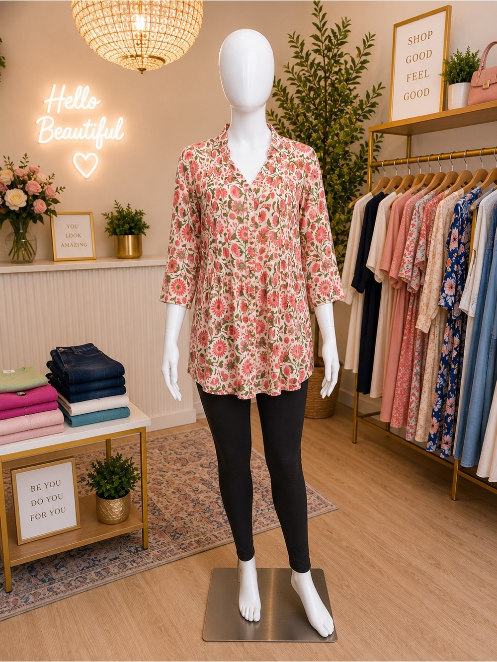 NWOT Newport Mansion Collection Pink Floral V-Neck lightweight Peplum Tunic
